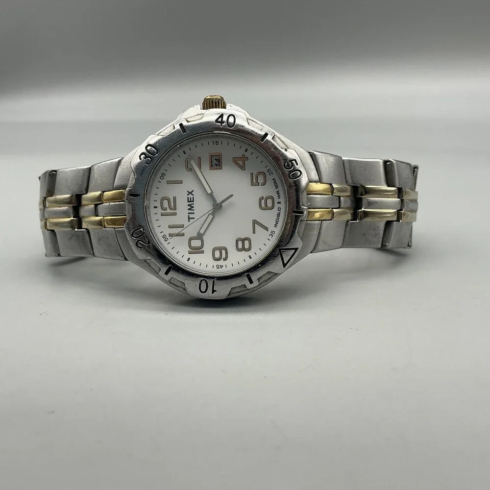 Timex Indiglo Mens Watch 39mm White Dial Two Tone Date New Battery 7.25